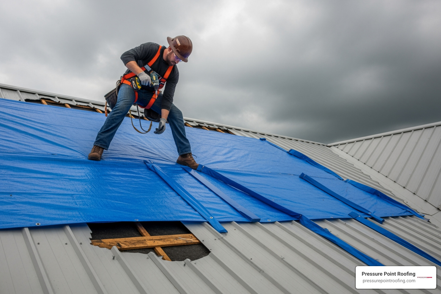 a roofer applying an emergency tarp to a damaged metal roof during overcast weather - 24 hour metal roofing in brookings, or