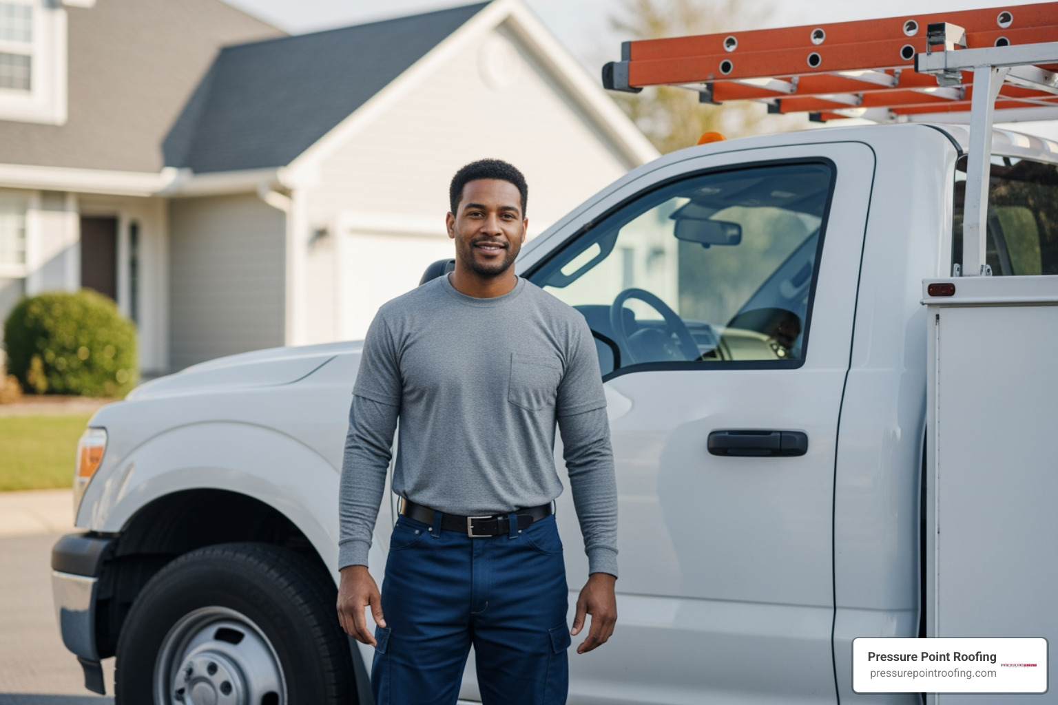 a professional, uniformed roofing technician with a branded truck - 24 hour metal roofing in brookings, or