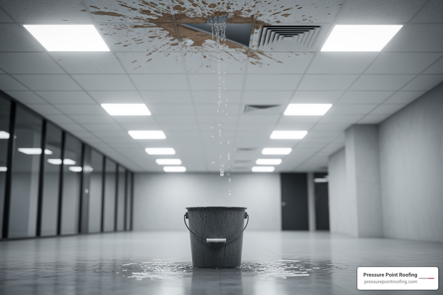 Water dripping from a ceiling into a bucket inside a commercial space - emergency commercial roof maintenance in brookings, or Water dripping from a ceiling into a bucket inside a commercial space - emergency commercial roof maintenance in brookings, or