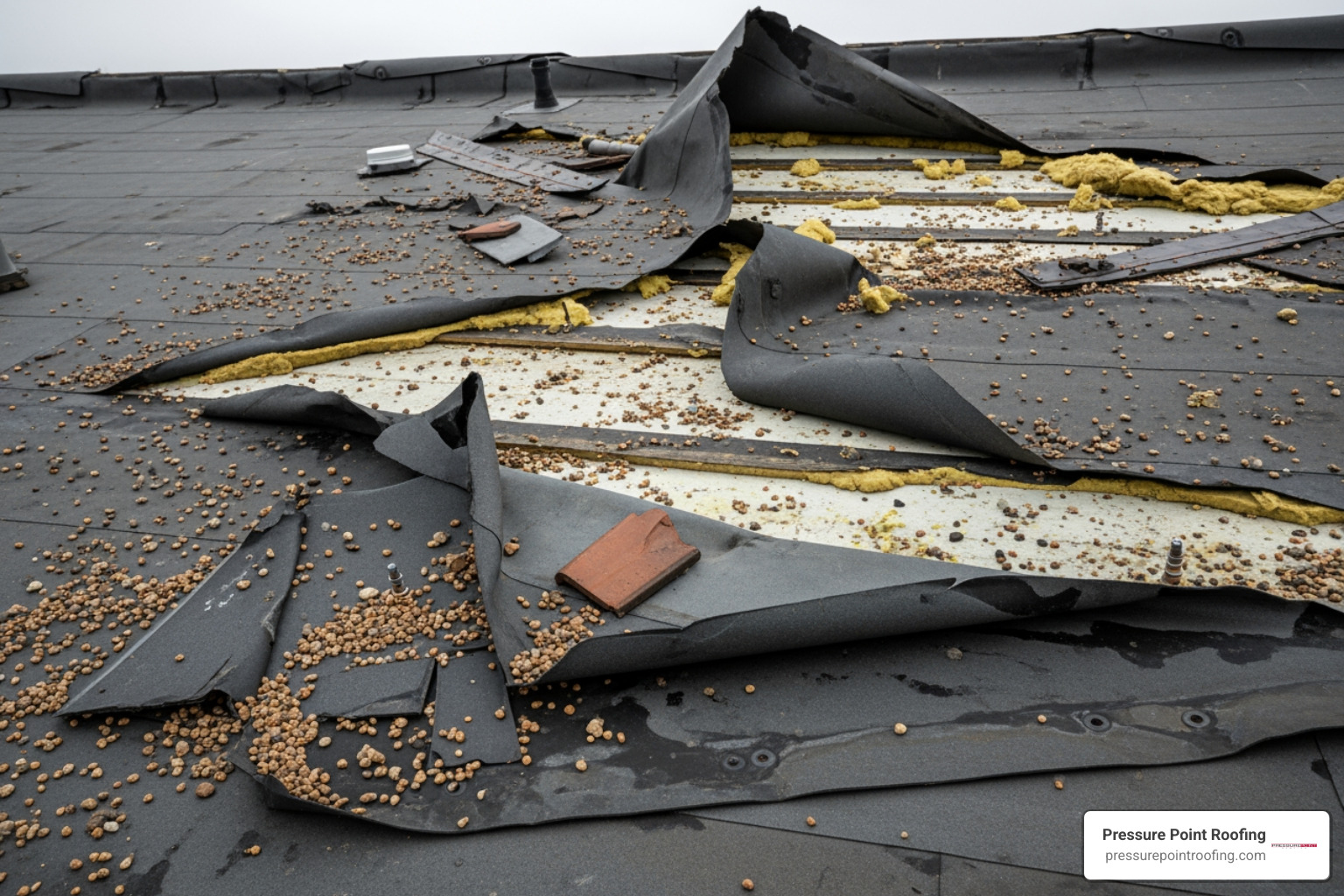 Wind-damaged commercial roof membrane - emergency commercial roof maintenance in brookings, or Wind-damaged commercial roof membrane - emergency commercial roof maintenance in brookings, or
