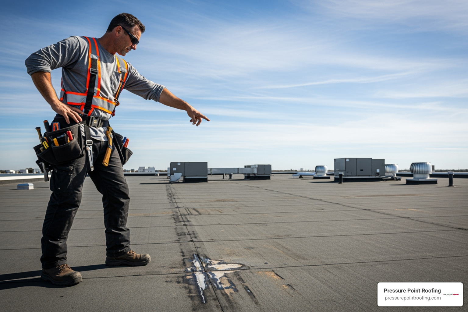 Professional roofer on a commercial roof, pointing out an area of concern - emergency commercial roof maintenance in brookings, or Professional roofer on a commercial roof, pointing out an area of concern - emergency commercial roof maintenance in brookings, or