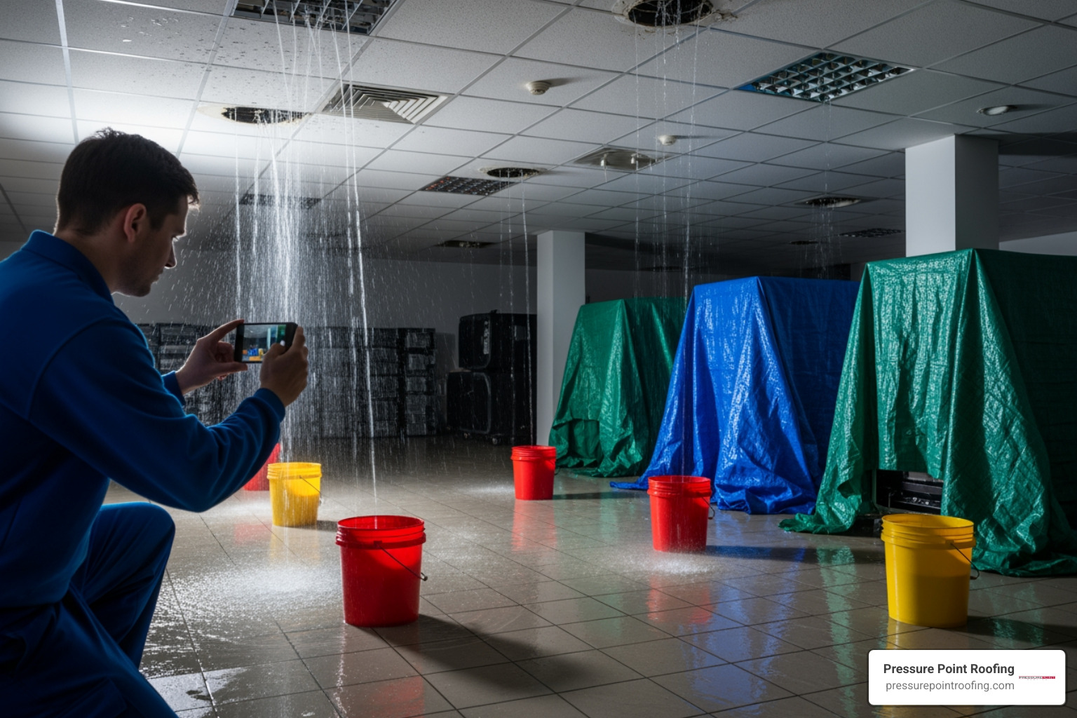 Infographic showing 5 immediate steps when discovering a commercial roof leak: 1. Prioritize safety and evacuate if needed, 2. Contain water damage with tarps and buckets, 3. Document all damage with photos and video, 4. Call a 24/7 emergency roofing contractor, 5. Move valuable assets away from affected areas - emergency commercial roof maintenance in brookings, or Infographic showing 5 immediate steps when discovering a commercial roof leak: 1. Prioritize safety and evacuate if needed, 2. Contain water damage with tarps and buckets, 3. Document all damage with photos and video, 4. Call a 24/7 emergency roofing contractor, 5. Move valuable assets away from affected areas - emergency commercial roof maintenance in brookings, or