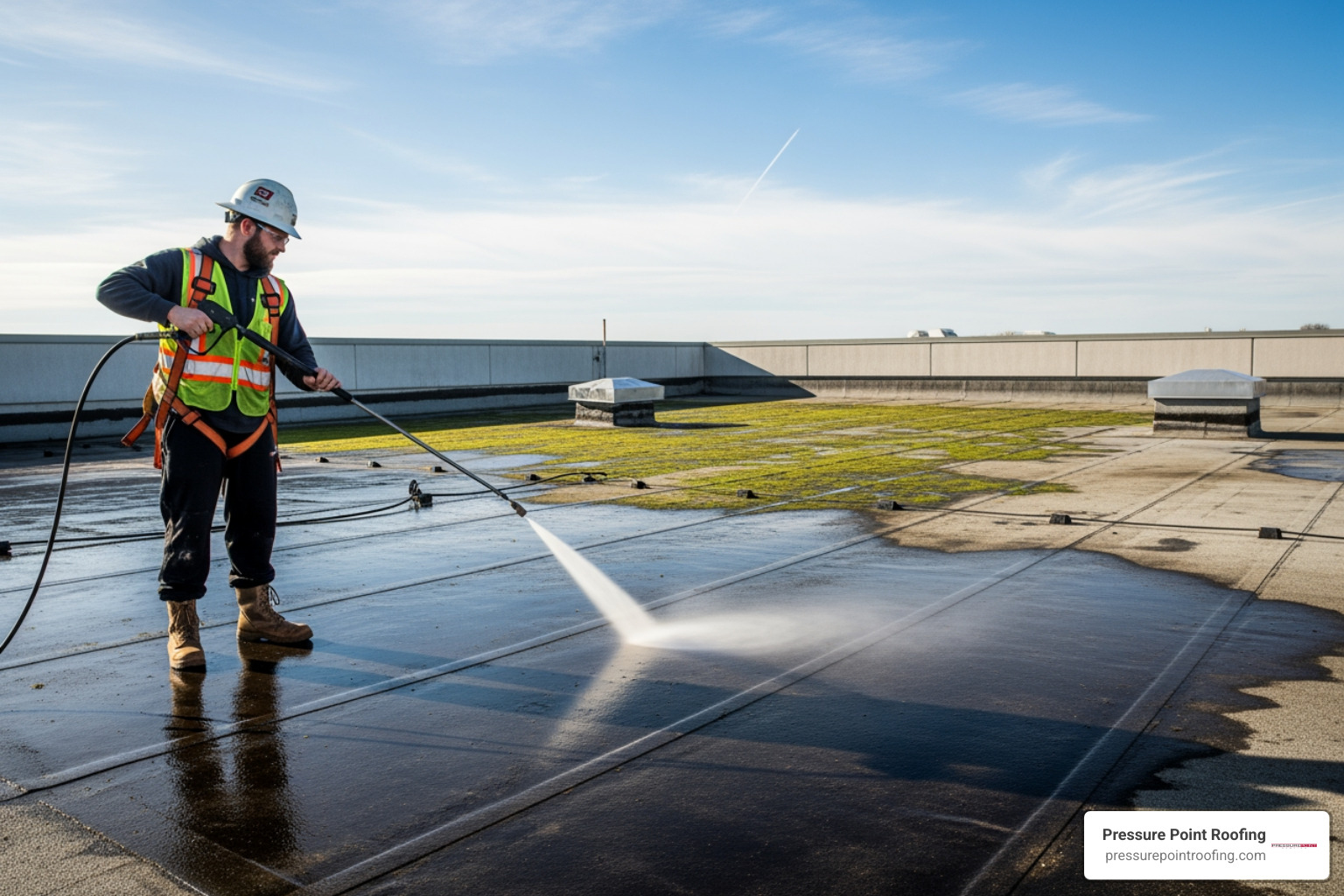 contractor power washing a commercial roof before coating - commercial roof coating contractors