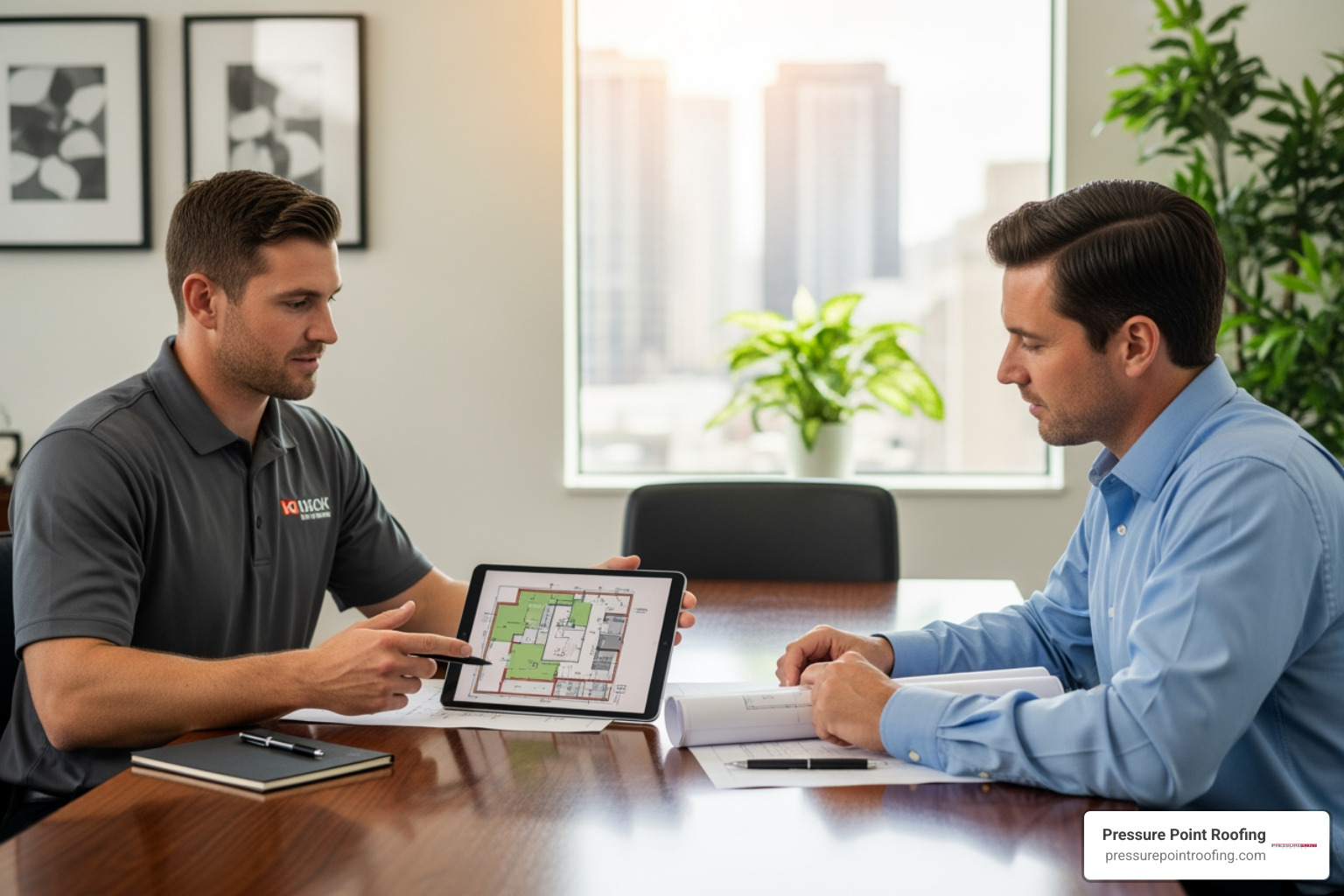 professional roofing team meeting with a client - commercial roof coating contractors