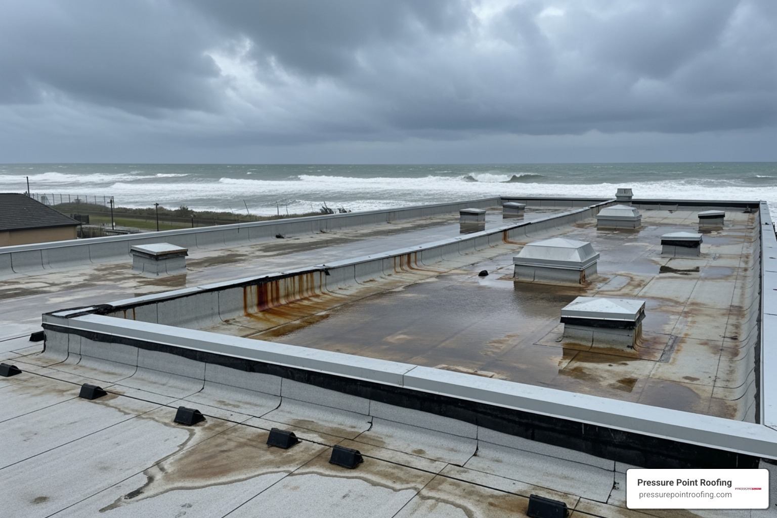 Infographic showing how coastal weather impacts commercial roofing: heavy rain causes ponding and leaks, high winds lift membrane edges and damage flashing, salt spray accelerates corrosion on metal components, and temperature fluctuations cause material expansion and contraction leading to cracks - commercial roofing company in gold beach, or