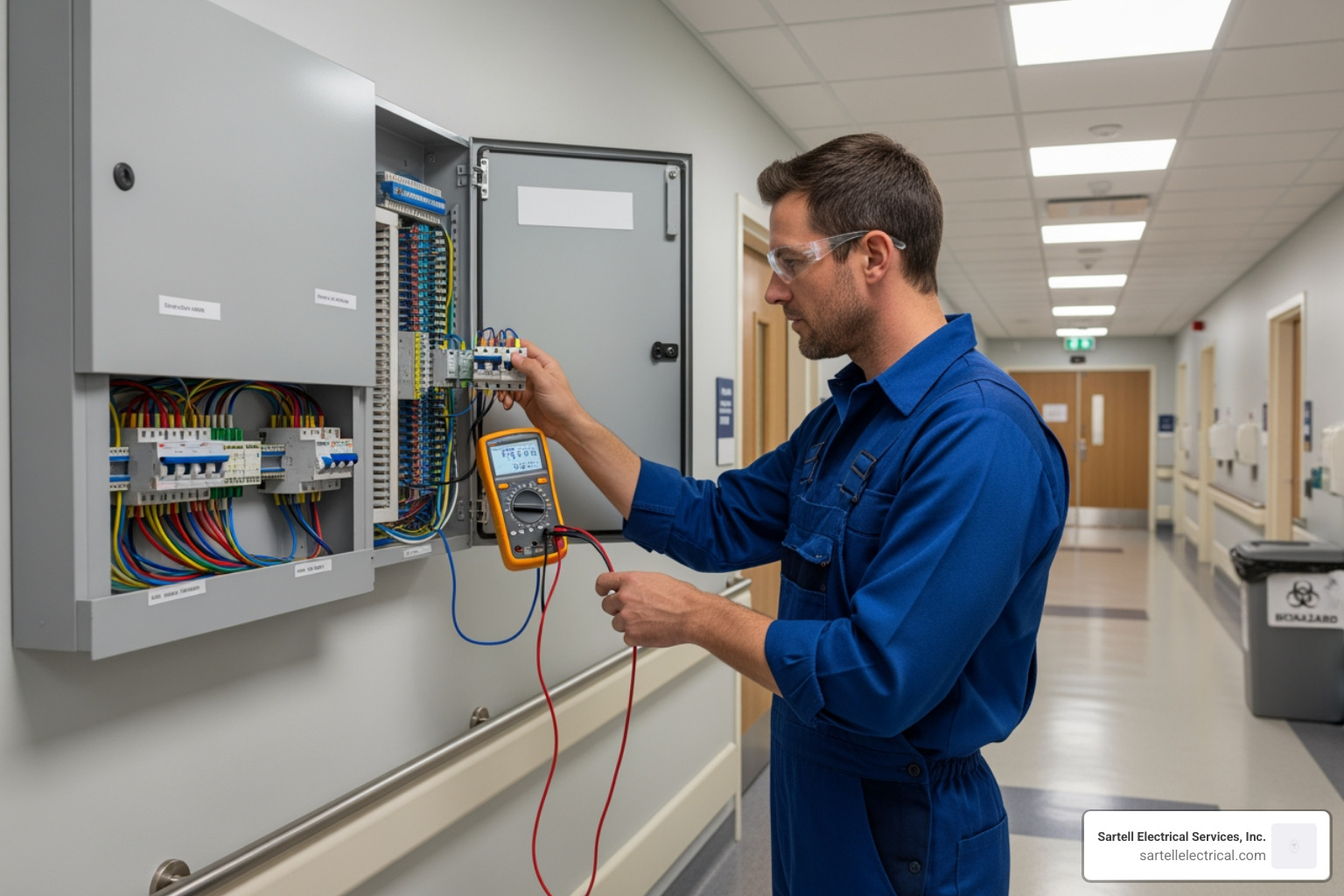 electrician inspecting a hospital electrical panel - Hospital power systems electrician inspecting a hospital electrical panel - Hospital power systems