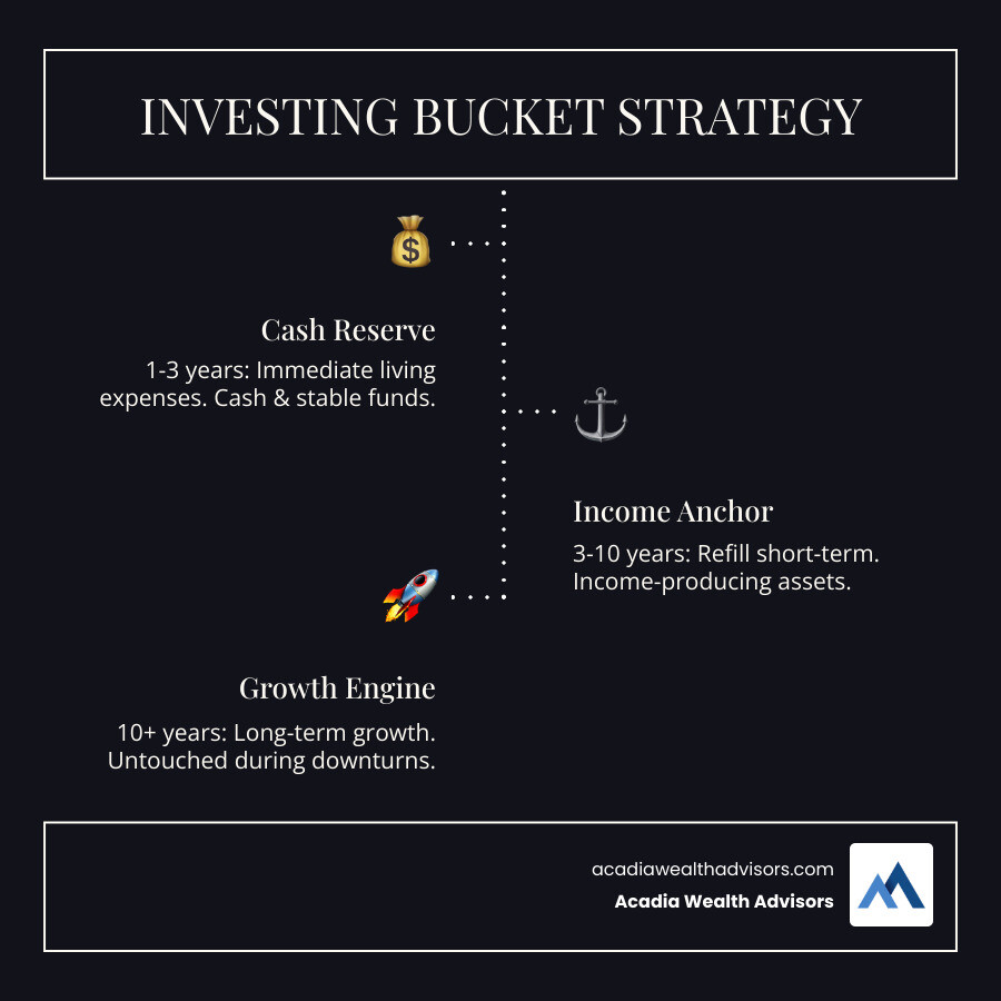 infographic showing three buckets labeled Cash Reserve 1-3 years, Income Anchor 3-10 years, and Growth Engine 10+ years, with arrows showing money flowing from long-term to medium-term to short-term as needed - investing bucket strategy infographic infographic-line-3-steps-dark infographic showing three buckets labeled Cash Reserve 1-3 years, Income Anchor 3-10 years, and Growth Engine 10+ years, with arrows showing money flowing from long-term to medium-term to short-term as needed - investing bucket strategy infographic infographic-line-3-steps-dark
