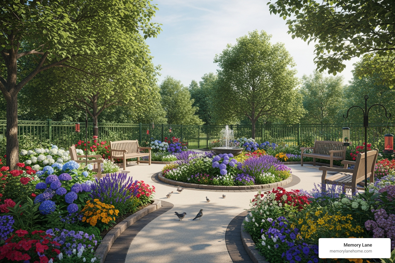 secure and beautiful outdoor garden at a memory care facility - memory care Livonia MI