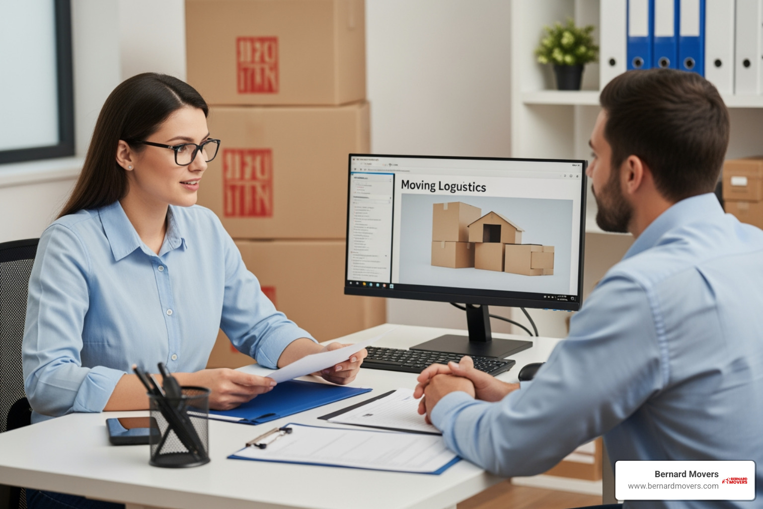 Bernard Movers moving coordinator speaking with a client - packing and moving services