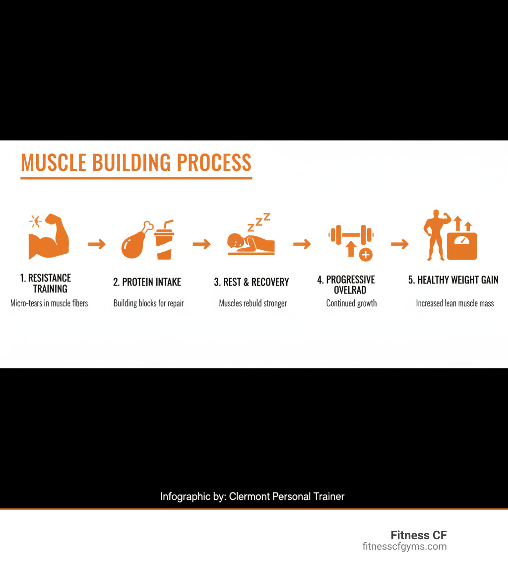Infographic showing the muscle building process: resistance training creates micro-tears in muscle fibers, adequate protein intake provides building blocks for repair, rest and recovery allow muscles to rebuild stronger and larger, progressive overload ensures continued growth over time, resulting in healthy weight gain through increased lean muscle mass - clermont personal trainer for weight gain infographic 