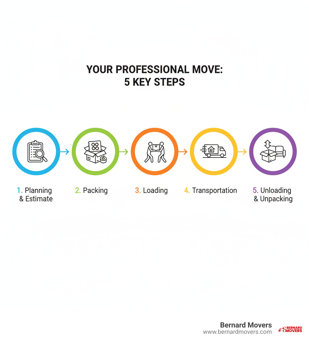 infographic showing the five main steps of a professional move: 1. Free estimate and planning with move coordinator, 2. Professional packing of belongings with quality materials, 3. Careful loading onto moving truck by trained team, 4. Safe transportation to new location, 5. Unloading and optional unpacking services at destination - packing and moving services infographic 