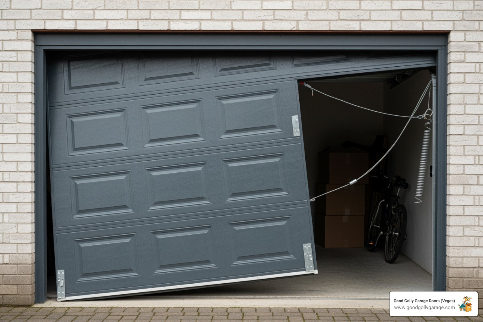 image of a garage door that is visibly crooked or stuck halfway open - why is my garage door spring broken henderson nv image of a garage door that is visibly crooked or stuck halfway open - why is my garage door spring broken henderson nv