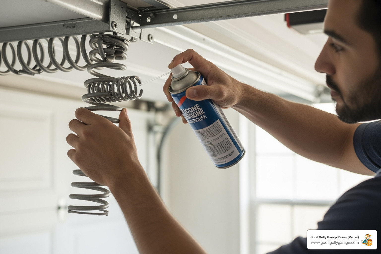image of a homeowner applying a silicone-based lubricant to a garage door spring - why is my garage door spring broken henderson nv image of a homeowner applying a silicone-based lubricant to a garage door spring - why is my garage door spring broken henderson nv