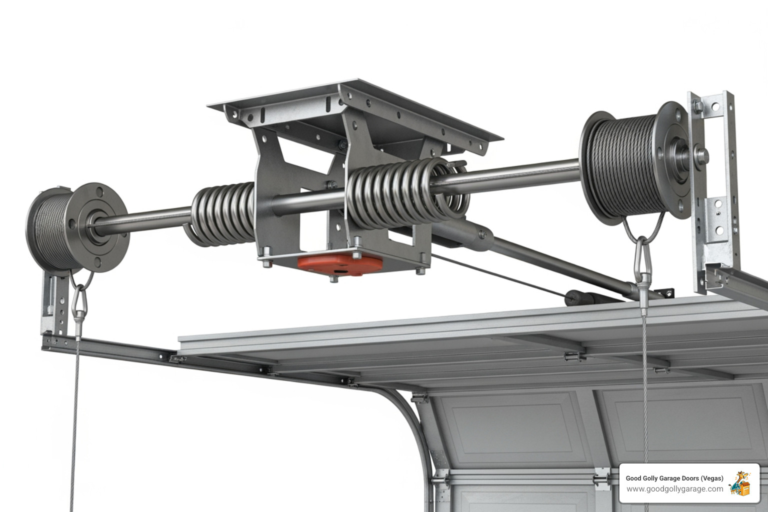 infographic showing garage door spring counterbalance system with labeled parts including torsion spring mounted above door, cable drums, door panels with weight indicator showing 135 lbs, and comparison of balanced door feeling like 8-10 lbs versus unbalanced door with broken spring, plus cycle counter showing typical 10,000 cycle lifespan - why is my garage door spring broken henderson nv infographic showing garage door spring counterbalance system with labeled parts including torsion spring mounted above door, cable drums, door panels with weight indicator showing 135 lbs, and comparison of balanced door feeling like 8-10 lbs versus unbalanced door with broken spring, plus cycle counter showing typical 10,000 cycle lifespan - why is my garage door spring broken henderson nv
