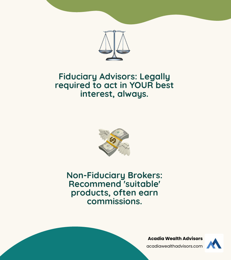 Infographic comparing fiduciary vs. non-fiduciary advisors: Fiduciary advisors are legally required to act in your best interest, are typically fee-only with transparent pricing, must disclose all conflicts of interest, and focus on comprehensive planning. Non-fiduciary brokers may recommend suitable products but not necessarily the best ones, often earn commissions on products sold, have potential conflicts of interest, and may focus primarily on investment sales. - financial advisor richmond va infographic 2_facts_emoji_nature Infographic comparing fiduciary vs. non-fiduciary advisors: Fiduciary advisors are legally required to act in your best interest, are typically fee-only with transparent pricing, must disclose all conflicts of interest, and focus on comprehensive planning. Non-fiduciary brokers may recommend suitable products but not necessarily the best ones, often earn commissions on products sold, have potential conflicts of interest, and may focus primarily on investment sales. - financial advisor richmond va infographic 2_facts_emoji_nature