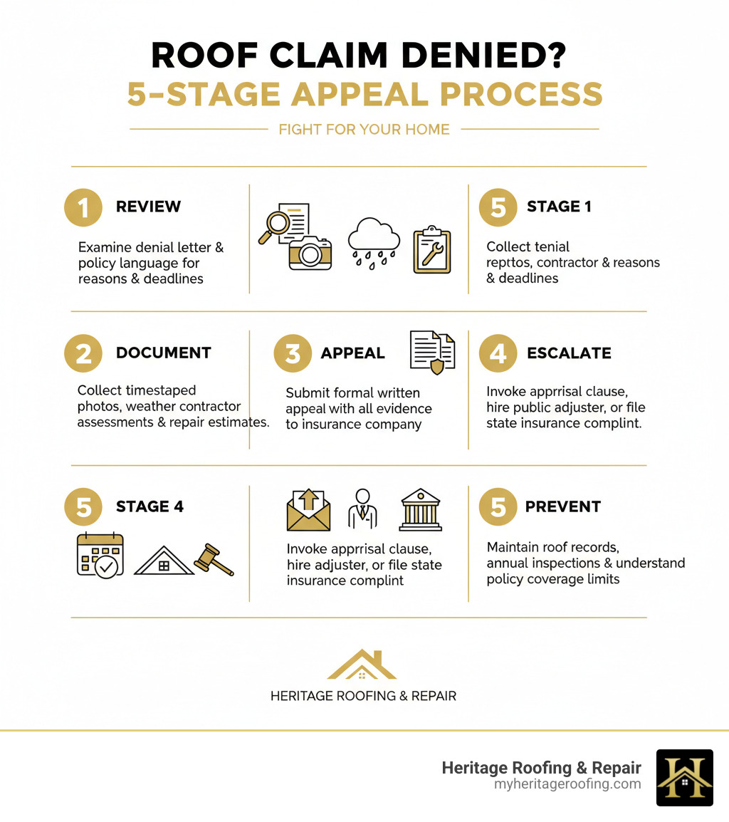 Infographic showing the 5-stage appeal process: Stage 1 Review - Examine denial letter and policy language for specific reasons and deadlines; Stage 2 Document - Collect timestamped photos, weather reports, contractor assessments, and repair estimates; Stage 3 Appeal - Submit formal written appeal with all evidence to insurance company; Stage 4 Escalate - Invoke appraisal clause, hire public adjuster, or file state insurance complaint; Stage 5 Prevent - Maintain roof records, annual inspections, and understand policy coverage limits - hail damage roof claim denied infographic 