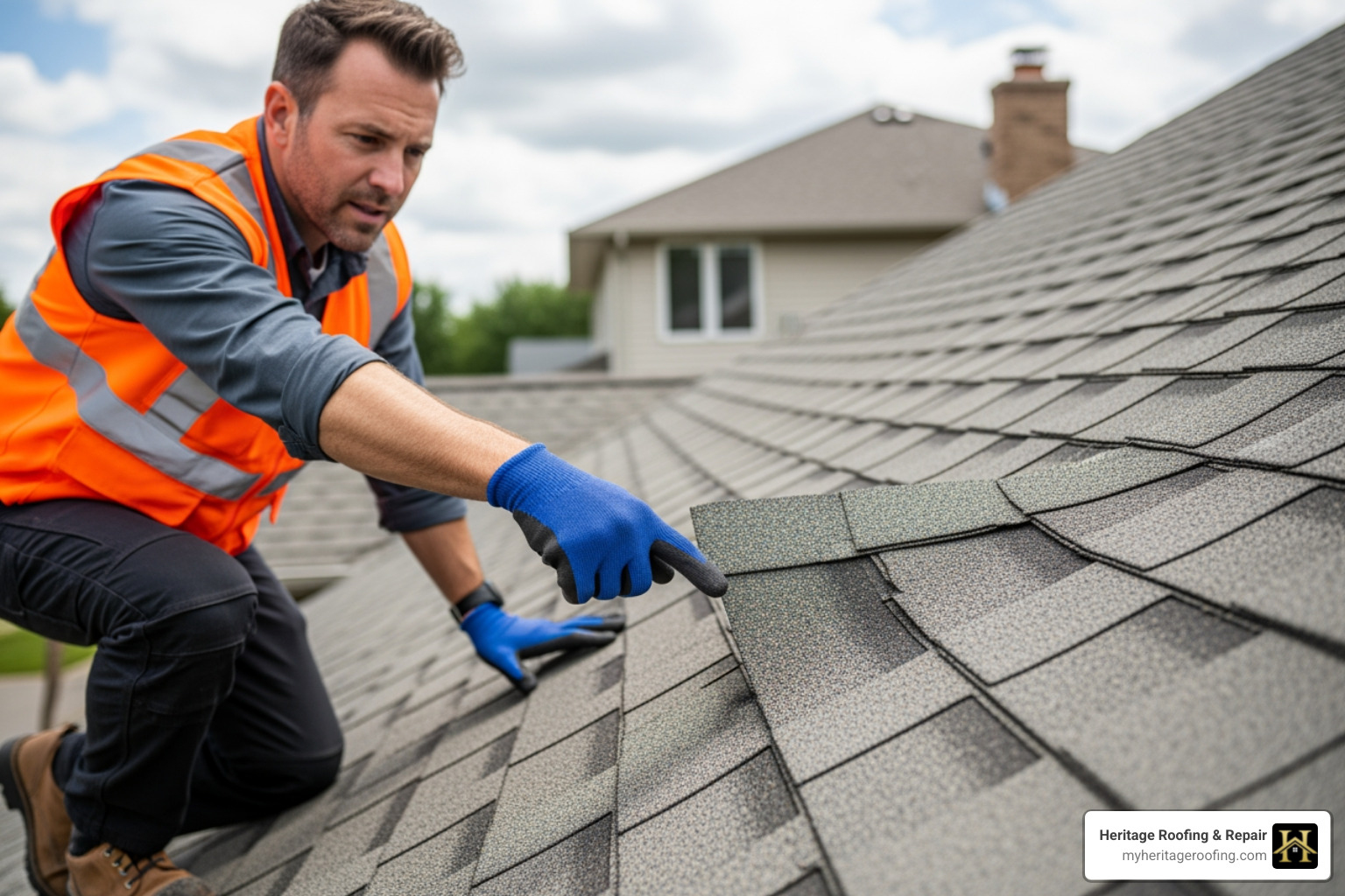 Insurance adjuster pointing at roof shingle - hail damage roof claim denied