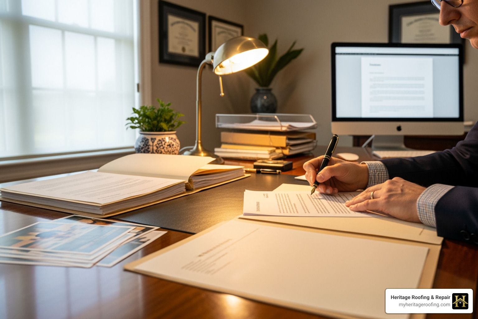 Person writing a formal letter with supporting documents - hail damage roof claim denied