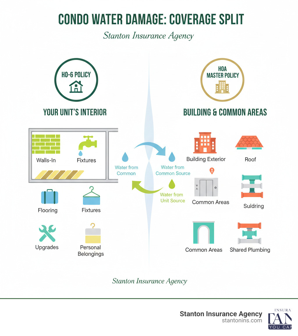 Detailed infographic showing the split of coverage responsibilities: On the left, an HO-6 policy icon covers the interior of a condo unit including walls-in, flooring, fixtures, personal belongings, and upgrades. On the right, an HOA master policy icon covers the building exterior, roof, common areas like hallways and elevators, and shared plumbing. A center line shows where one policy ends and the other begins, with arrows indicating how water damage from different sources triggers different policies. - Condo Insurance Coverage for Water Damage infographic 