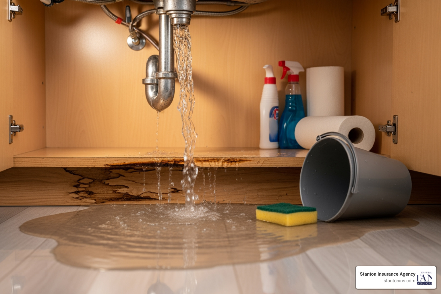 of a burst pipe under a sink causing water to pool on the floor. - Condo Insurance Coverage for Water Damage