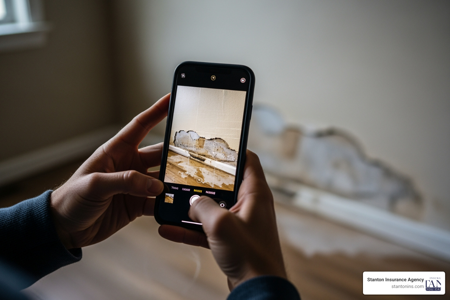 of a person taking a photo of water damage on their smartphone for documentation. - Condo Insurance Coverage for Water Damage
