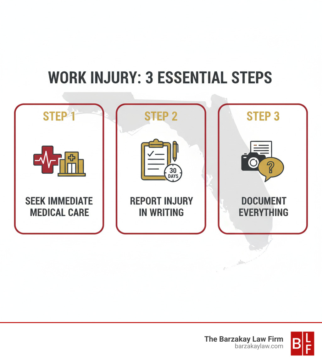 infographic showing 3 essential steps after a work injury: Step 1 - Seek immediate medical care from an authorized provider, Step 2 - Report your injury to your employer in writing within 30 days, Step 3 - Document everything including photos of the accident scene, witness names, and all medical records - fort lauderdale workers compensation attorney infographic infographic showing 3 essential steps after a work injury: Step 1 - Seek immediate medical care from an authorized provider, Step 2 - Report your injury to your employer in writing within 30 days, Step 3 - Document everything including photos of the accident scene, witness names, and all medical records - fort lauderdale workers compensation attorney infographic