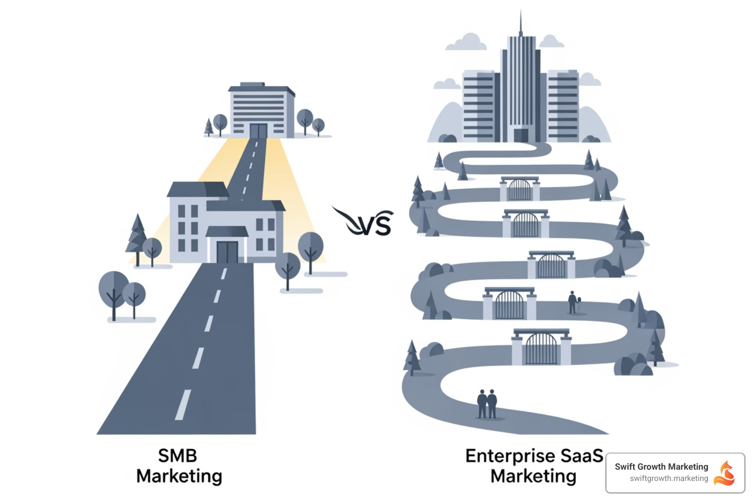 Infographic comparing Enterprise SaaS Marketing vs SMB SaaS Marketing showing sales cycle length of 6-12+ months vs under 90 days, ACV ranges of $25K-$1M+ vs $1K-$25K, buying committee size of 5-10+ stakeholders vs 1-3 decision-makers, primary motion of sales-led ABM vs product-led growth, higher CAC with higher LTV vs lower CAC with lower LTV, and key challenges of navigating complexity vs scaling volume - enterprise saas marketing Infographic comparing Enterprise SaaS Marketing vs SMB SaaS Marketing showing sales cycle length of 6-12+ months vs under 90 days, ACV ranges of $25K-$1M+ vs $1K-$25K, buying committee size of 5-10+ stakeholders vs 1-3 decision-makers, primary motion of sales-led ABM vs product-led growth, higher CAC with higher LTV vs lower CAC with lower LTV, and key challenges of navigating complexity vs scaling volume - enterprise saas marketing