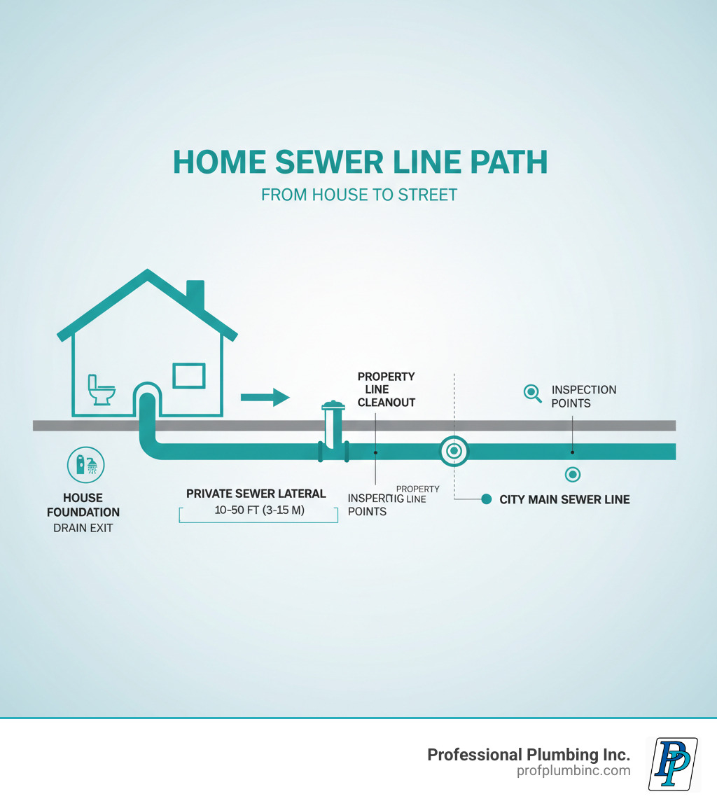 Infographic showing the complete path of a home's sewer line from the house foundation through the private lateral to the property line cleanout and connection point with the city's main sewer line in the street, with labels for each component and typical distances - sewer line inspection infographic 