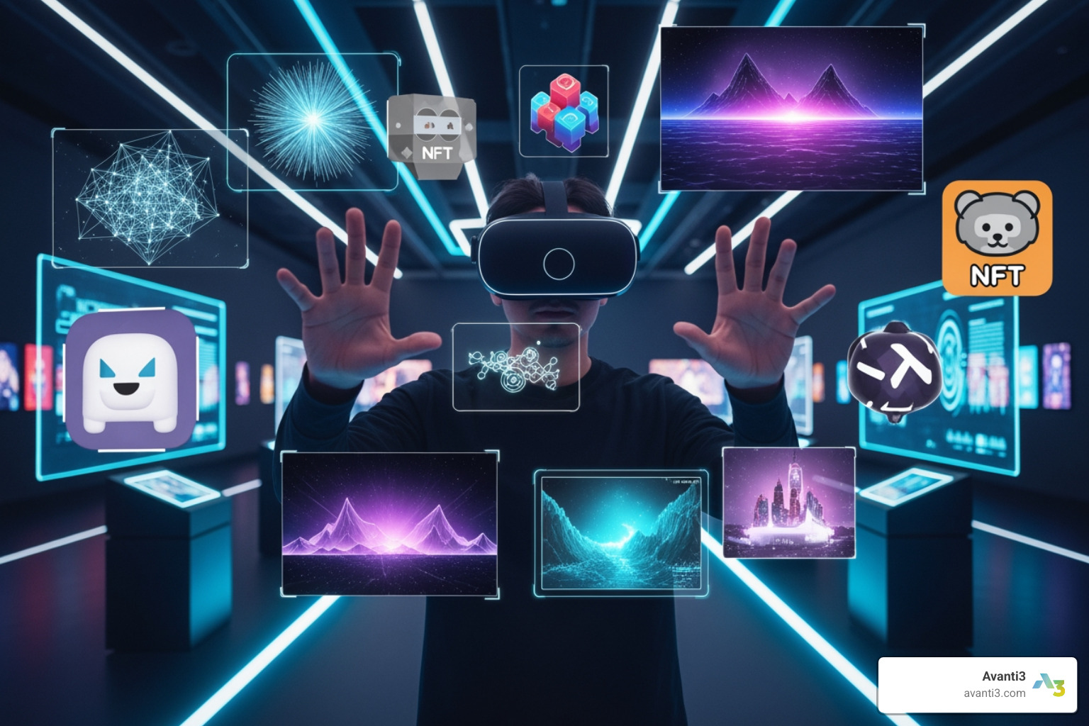 a person wearing a VR headset interacting with NFTs and digital art - New revenue streams a person wearing a VR headset interacting with NFTs and digital art - New revenue streams