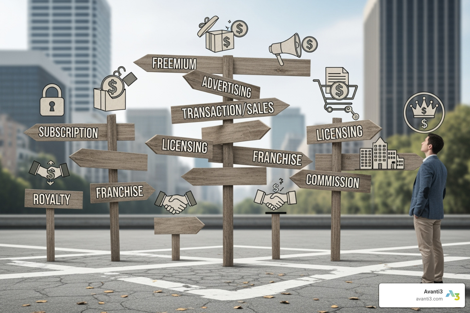 a person at a crossroads with signs pointing to different revenue models like 'Subscriptions', 'Licensing', 'Digital Rewards' - New revenue streams a person at a crossroads with signs pointing to different revenue models like 'Subscriptions', 'Licensing', 'Digital Rewards' - New revenue streams
