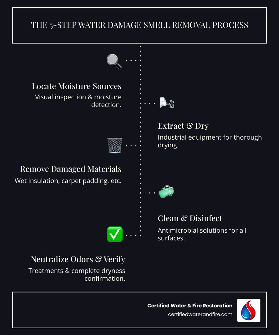 Infographic showing the 5-step water damage smell removal process: 1) Locate hidden moisture sources using visual inspection and moisture detection, 2) Extract water and dry affected areas with industrial equipment, 3) Remove unsalvageable materials like wet insulation and carpet padding, 4) Clean and disinfect all surfaces with antimicrobial solutions, 5) Apply odor neutralization treatments and verify complete dryness - water damage smell removal infographic infographic-line-5-steps-dark