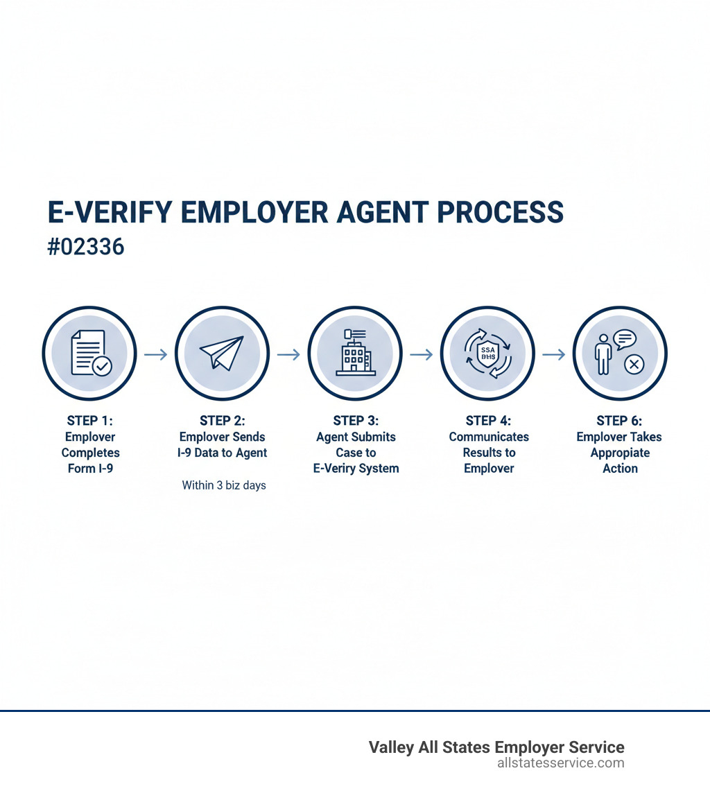Infographic showing the E-Verify Employer Agent process flow: Step 1 - Employer completes Form I-9 for new hire; Step 2 - Employer sends I-9 data to Agent within 3 business days; Step 3 - Agent submits case to E-Verify system; Step 4 - E-Verify checks SSA and DHS records; Step 5 - Agent communicates results to Employer; Step 6 - Employer takes appropriate action based on result - e verify employer agent account infographic 