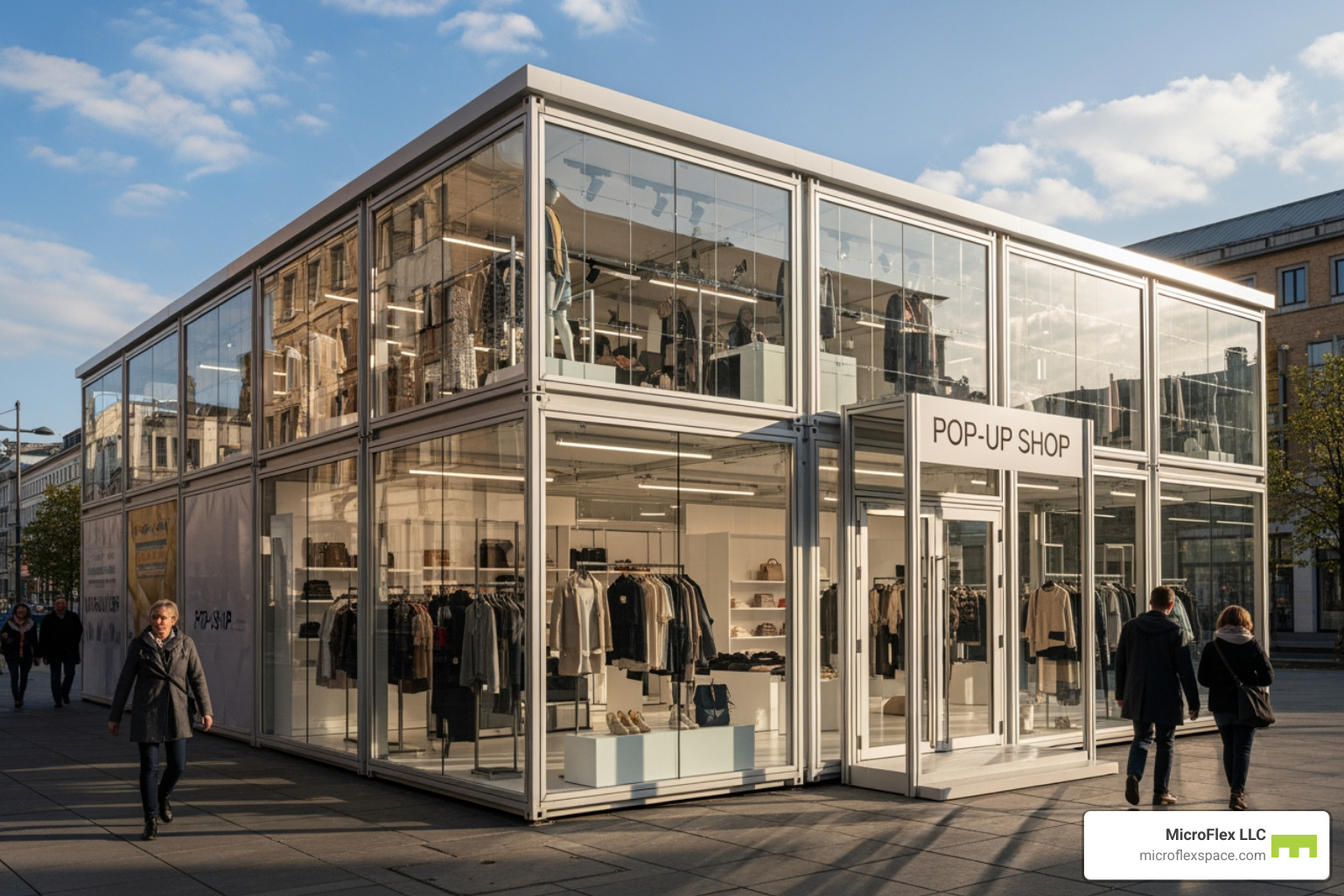 temporary building types: insulated showroom, open-sided canopy, branded pop-up shop - temporary retail building