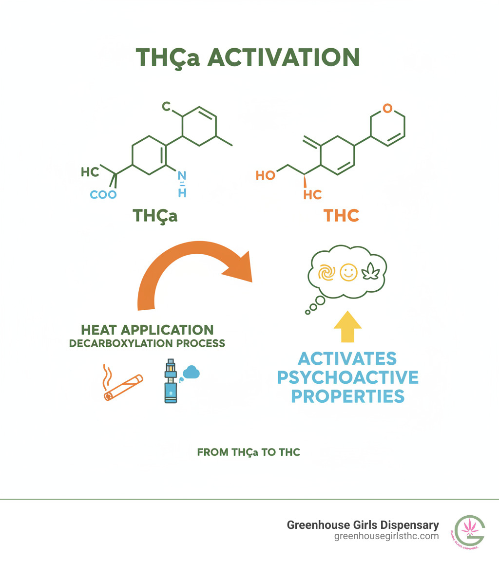 Infographic showing THCa molecule structure converting to THC molecule structure through heat application, with icons representing smoking and vaping, and arrows indicating the decarboxylation process that activates psychoactive properties - Buy THCa pre rolls infographic 