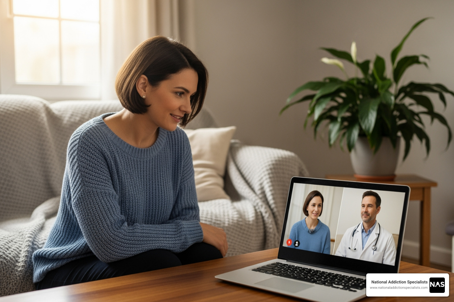 Patient having a telehealth consultation on a laptop - orange subutex vs white subutex