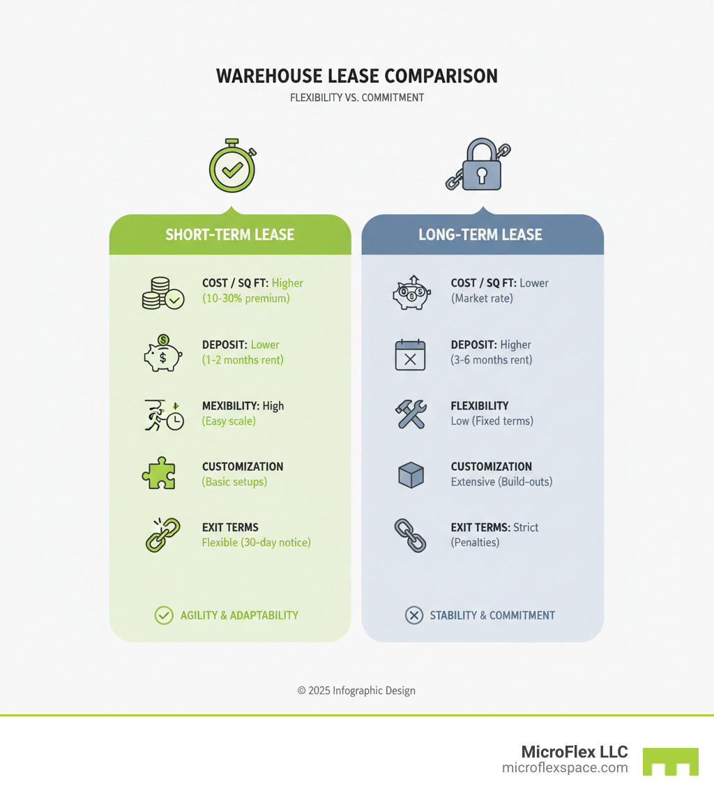 infographic showing comparison of short-term vs long-term warehouse leases with key metrics including cost per square foot, deposit requirements, move-in timeline, flexibility ratings, customization options, and exit terms - Short term warehouse lease infographic infographic showing comparison of short-term vs long-term warehouse leases with key metrics including cost per square foot, deposit requirements, move-in timeline, flexibility ratings, customization options, and exit terms - Short term warehouse lease infographic
