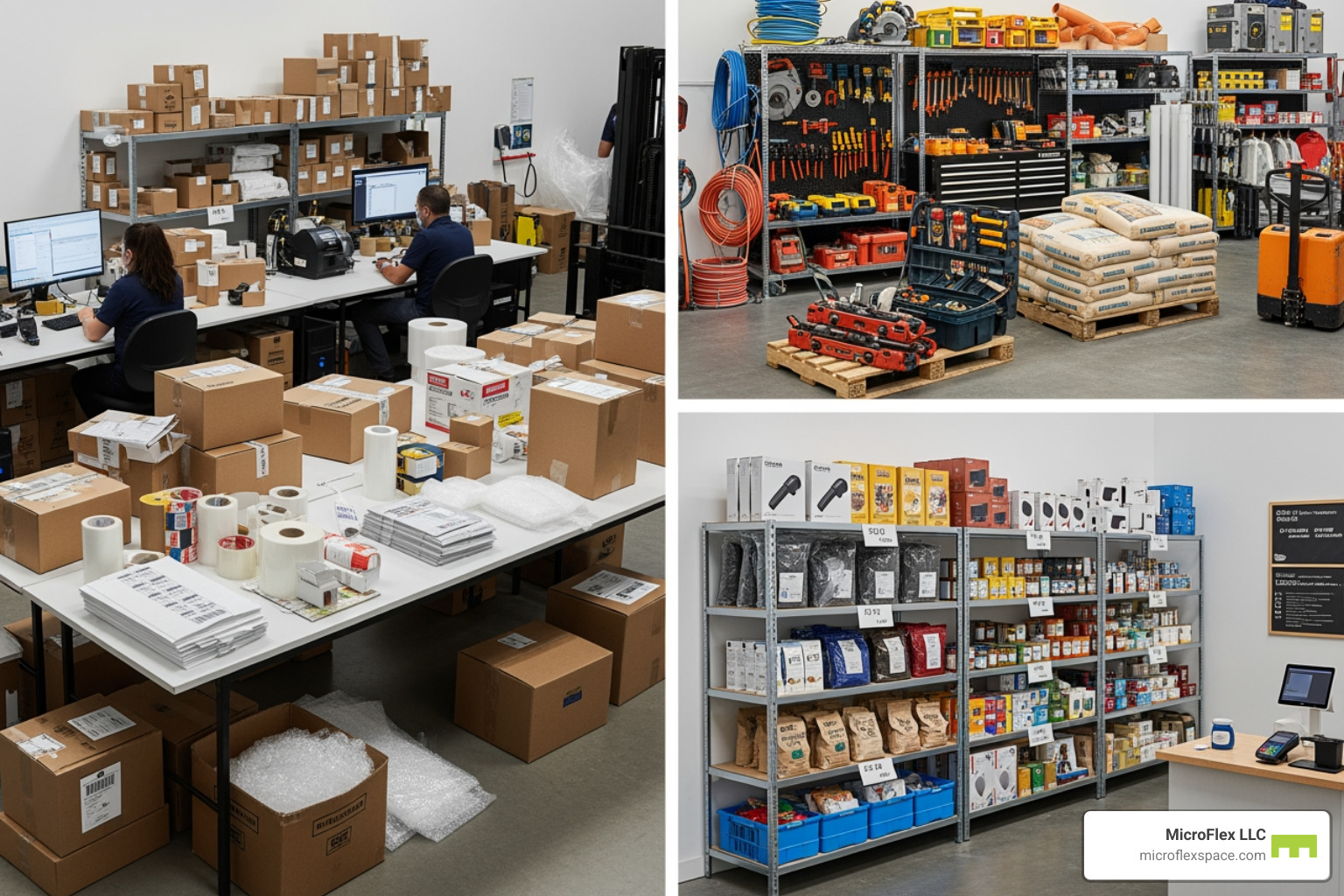 image showing diverse use cases: an e-commerce shipping station, a contractor's equipment hub, and a pop-up retail inventory area - Short term warehouse lease image showing diverse use cases: an e-commerce shipping station, a contractor's equipment hub, and a pop-up retail inventory area - Short term warehouse lease