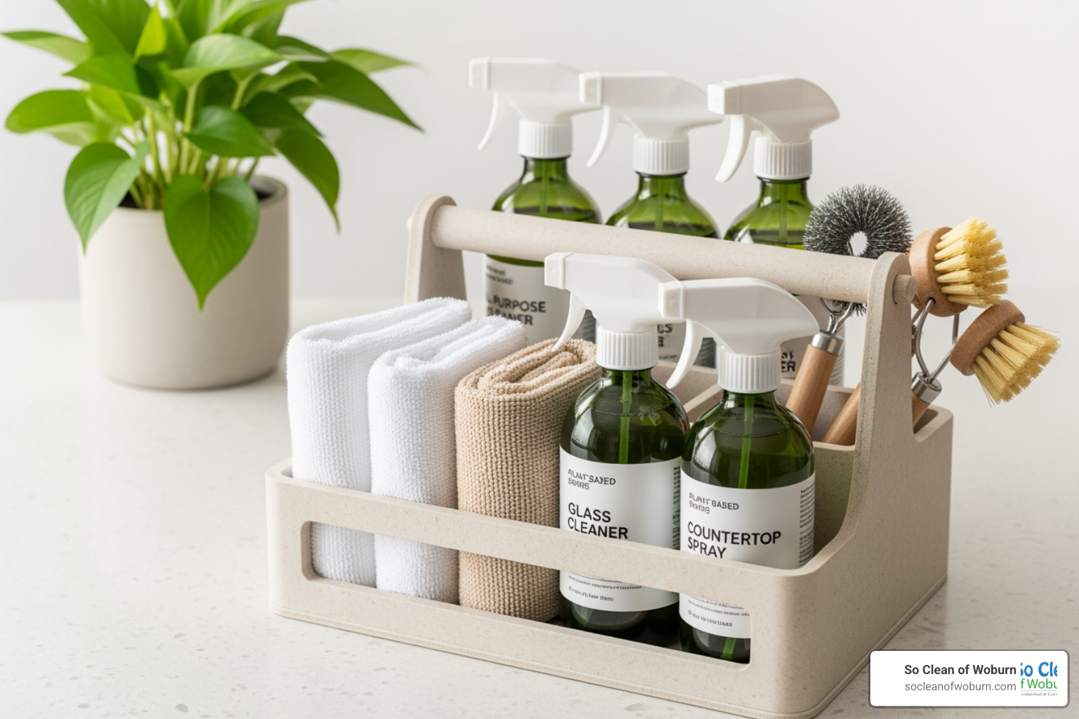 organized cleaning caddy with plant-based products - pet safe cleaning products