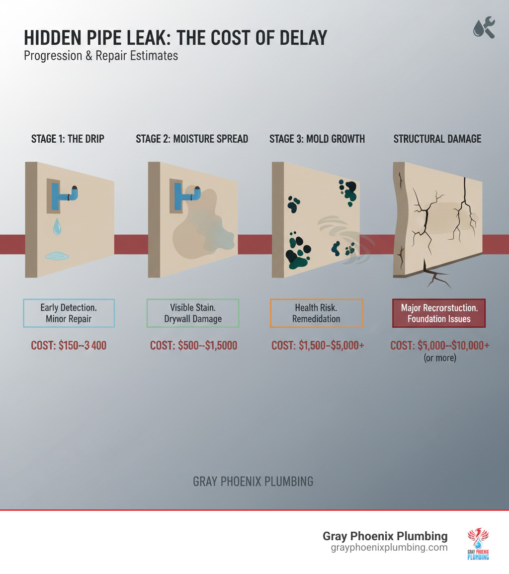 Infographic showing the progression of a hidden pipe leak: starting with a small drip inside a wall, then moisture spreading through drywall creating a water stain, followed by mold growth appearing as dark spots, and finally structural damage with warped walls and potential foundation issues. Each stage shows increasing severity and cost estimates for repair. - leak repair plumber denver co infographic Infographic showing the progression of a hidden pipe leak: starting with a small drip inside a wall, then moisture spreading through drywall creating a water stain, followed by mold growth appearing as dark spots, and finally structural damage with warped walls and potential foundation issues. Each stage shows increasing severity and cost estimates for repair. - leak repair plumber denver co infographic