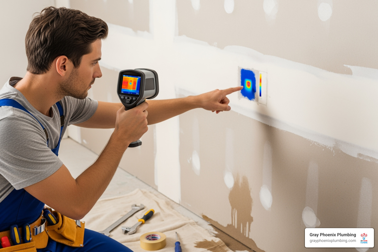 A plumber using a thermal imaging camera to find a leak in a wall - leak repair plumber denver co A plumber using a thermal imaging camera to find a leak in a wall - leak repair plumber denver co