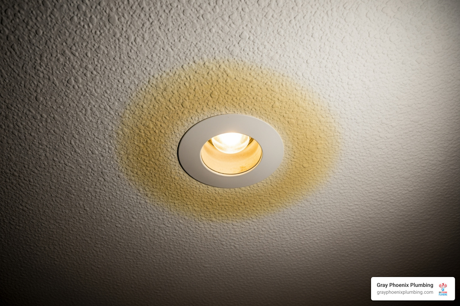 A subtle water stain on a ceiling near a light fixture - leak repair plumber denver co A subtle water stain on a ceiling near a light fixture - leak repair plumber denver co
