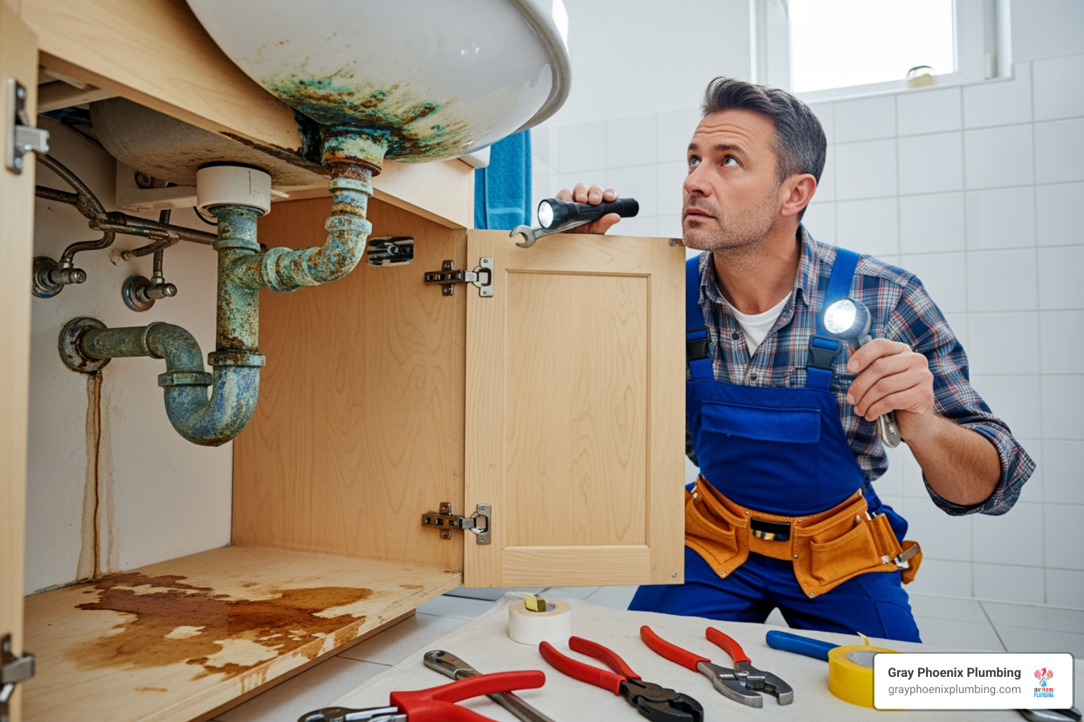 A plumber inspecting a corroded pipe under a sink - leak repair plumber denver co A plumber inspecting a corroded pipe under a sink - leak repair plumber denver co