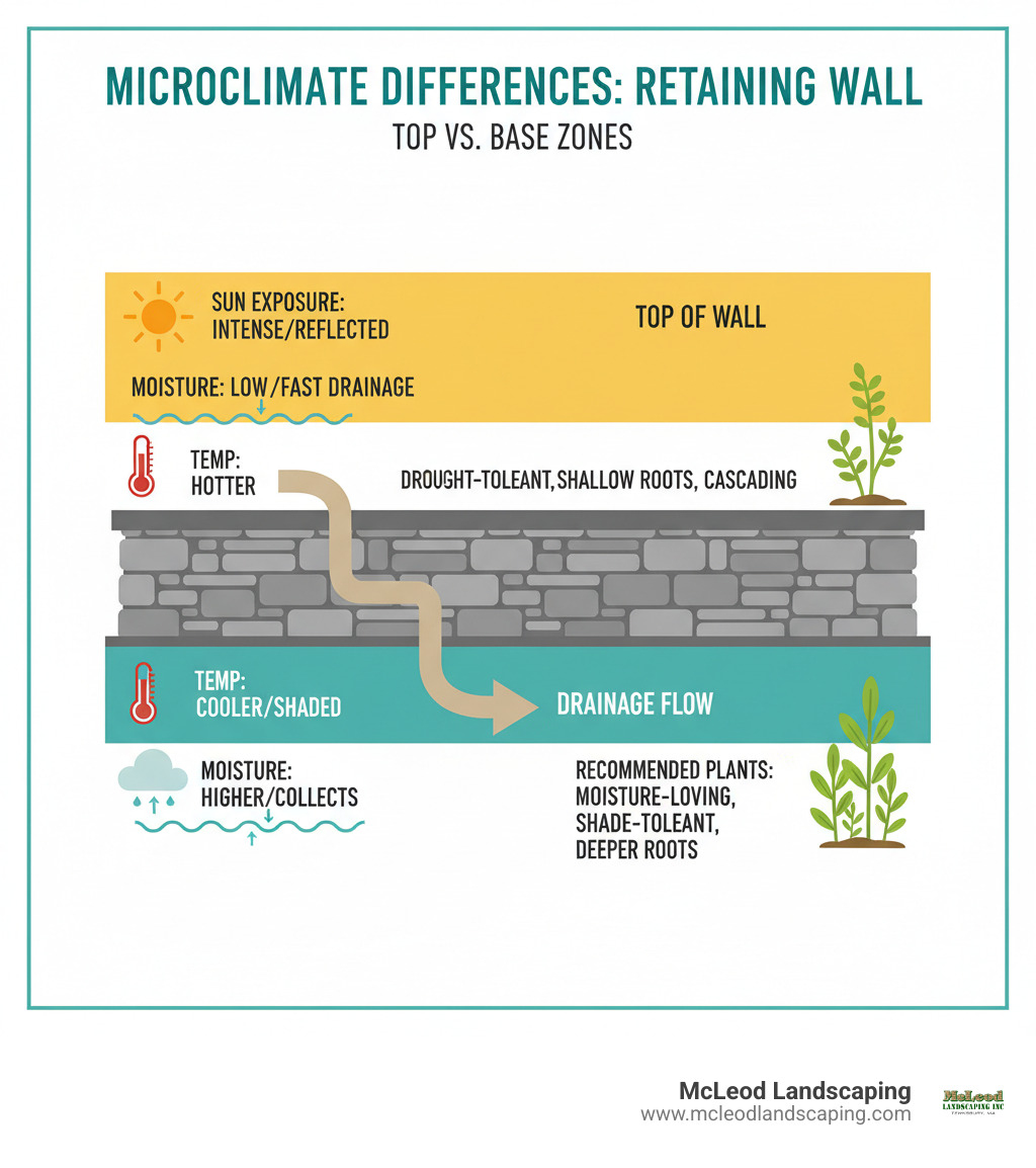 Infographic showing the microclimate differences at the top and base of a retaining wall, including temperature zones, moisture levels, sun exposure patterns, drainage flow, and recommended plant characteristics for each zone - planting on top of retaining wall infographic 