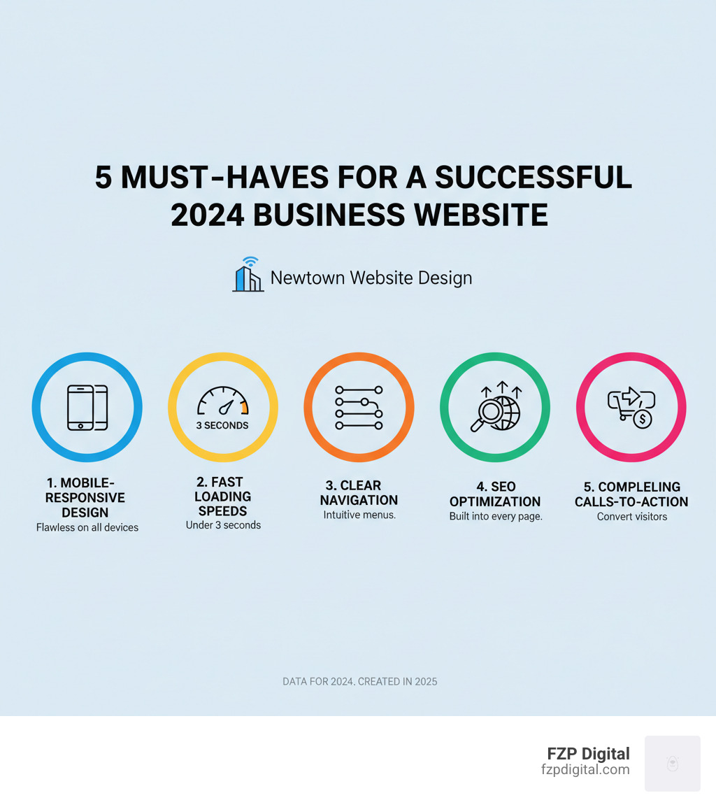 Infographic showing 5 must-haves for a successful 2024 business website: 1. Mobile-responsive design that works flawlessly on smartphones and tablets, 2. Fast loading speeds under 3 seconds, 3. Clear navigation with intuitive menus, 4. SEO optimization built into every page, 5. Compelling calls-to-action that convert visitors into customers - Newtown website design infographic Infographic showing 5 must-haves for a successful 2024 business website: 1. Mobile-responsive design that works flawlessly on smartphones and tablets, 2. Fast loading speeds under 3 seconds, 3. Clear navigation with intuitive menus, 4. SEO optimization built into every page, 5. Compelling calls-to-action that convert visitors into customers - Newtown website design infographic