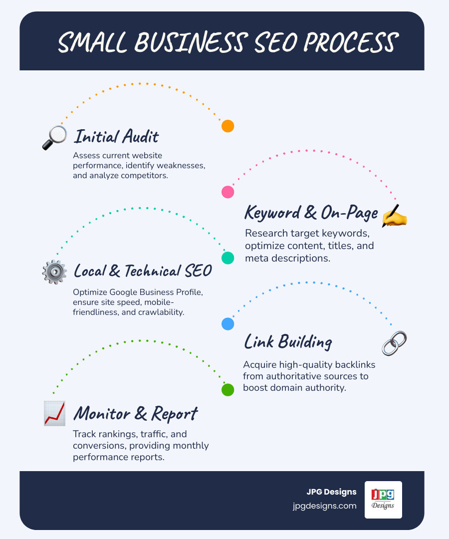 infographic showing the SEO process flow from initial audit through keyword research, on-page optimization, content creation, link building, and monthly reporting with timeline markers at 0 months, 3 months, 6 months, and 12+ months showing progressive results - seo company for small businesses infographic infographic-line-5-steps-blues-accent_colors infographic showing the SEO process flow from initial audit through keyword research, on-page optimization, content creation, link building, and monthly reporting with timeline markers at 0 months, 3 months, 6 months, and 12+ months showing progressive results - seo company for small businesses infographic infographic-line-5-steps-blues-accent_colors