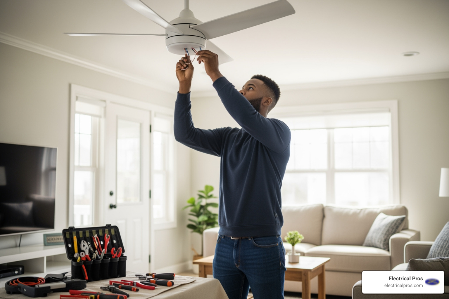 Infographic showing the 4-step process for emergency ceiling fan installation: 1) Call for same-day service and describe your needs, 2) Licensed electrician arrives and assesses ceiling structure and wiring, 3) Professional installation with proper mounting and electrical connections, 4) Testing and verification of all fan functions including speed settings and light fixtures - 24 hour ceiling fan installation in braselton, ga Infographic showing the 4-step process for emergency ceiling fan installation: 1) Call for same-day service and describe your needs, 2) Licensed electrician arrives and assesses ceiling structure and wiring, 3) Professional installation with proper mounting and electrical connections, 4) Testing and verification of all fan functions including speed settings and light fixtures - 24 hour ceiling fan installation in braselton, ga