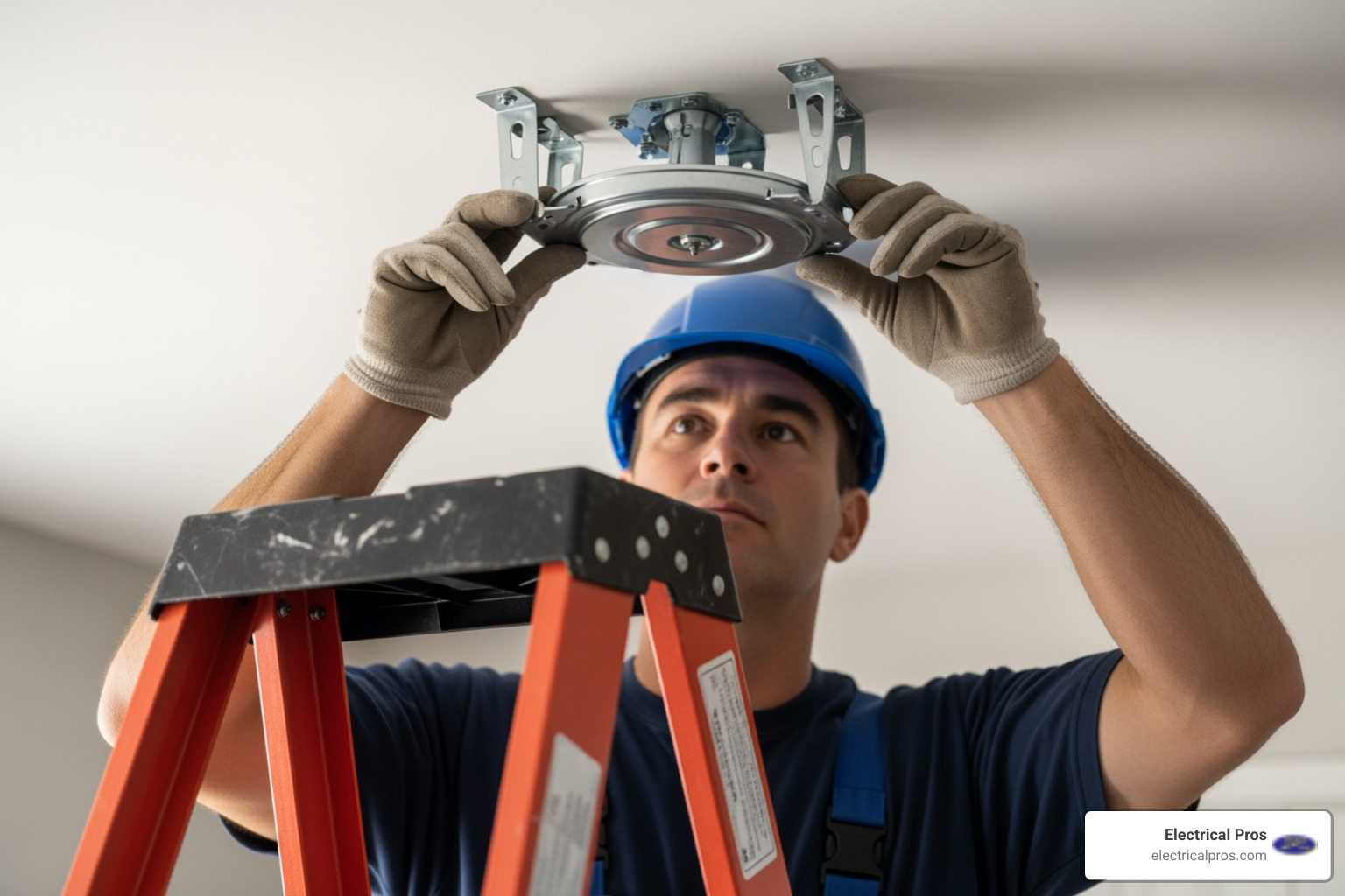 electrician safely installing a ceiling fan mounting bracket - ceiling fan installation in bethlehem, ga electrician safely installing a ceiling fan mounting bracket - ceiling fan installation in bethlehem, ga