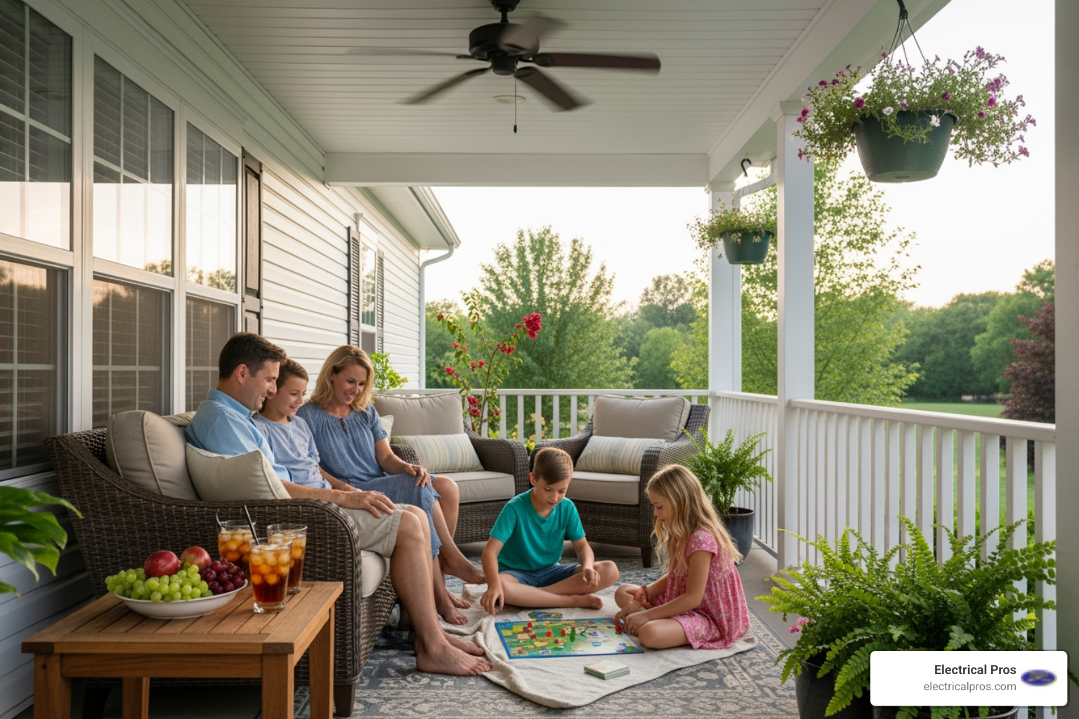 family relaxing on a porch with an outdoor ceiling fan - ceiling fan installation in bethlehem, ga family relaxing on a porch with an outdoor ceiling fan - ceiling fan installation in bethlehem, ga