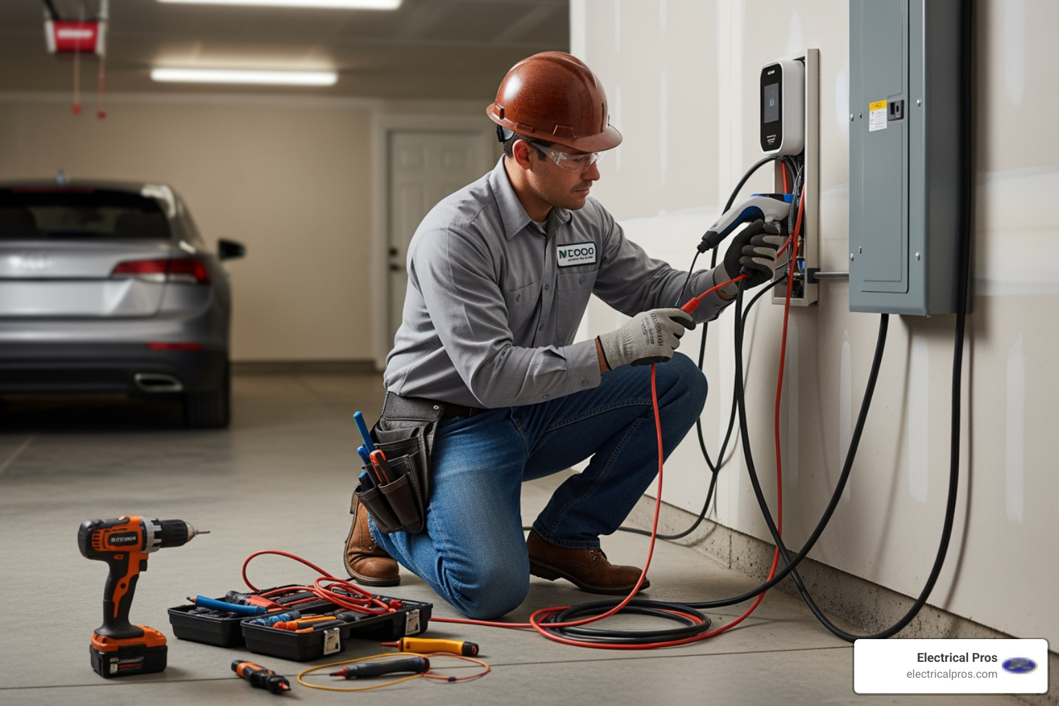 licensed electrician installing an EV charger on a garage wall - ev charging stations contractors in oakwood, ga