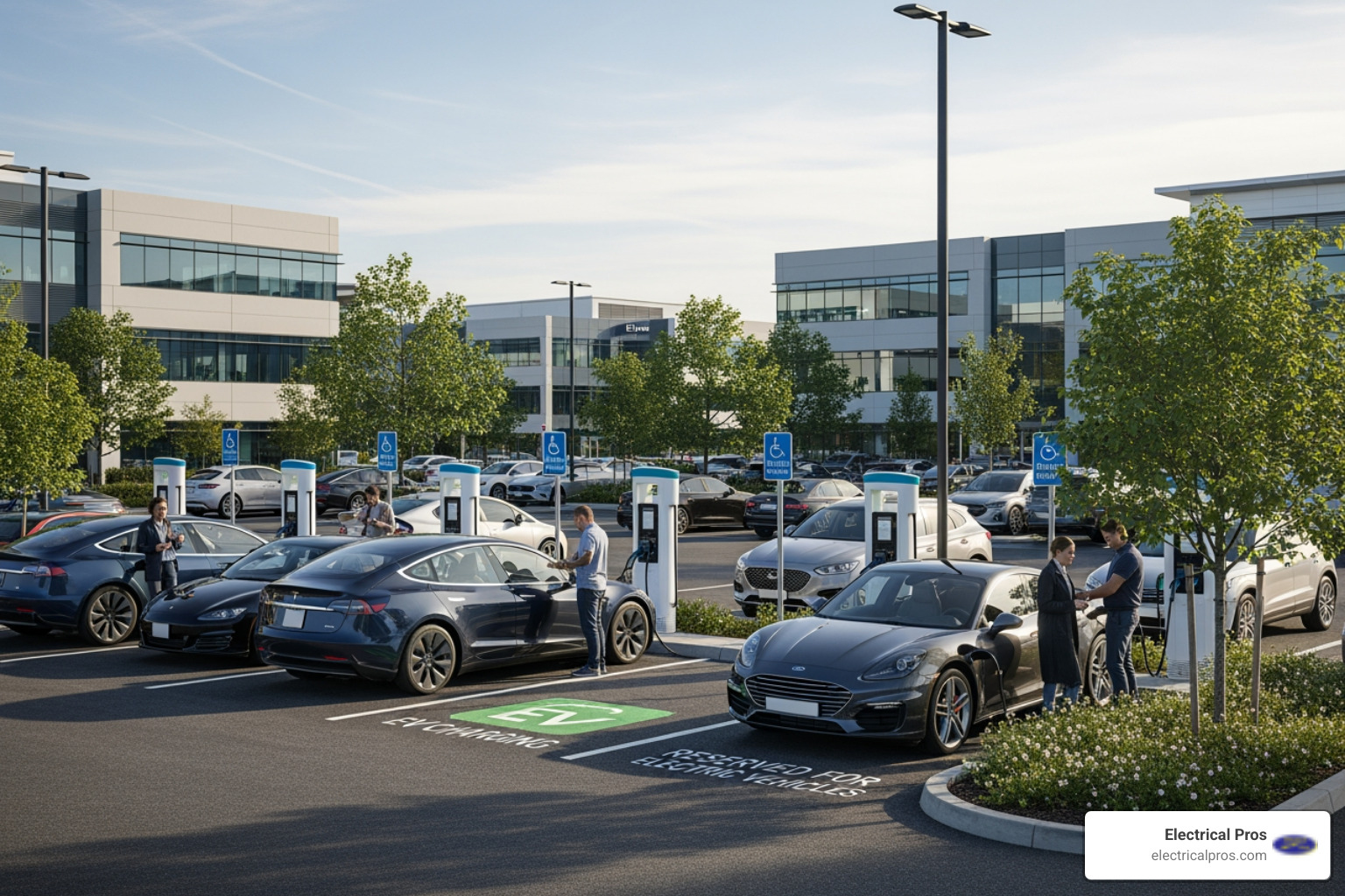 commercial EV charging station in a business parking lot - ev charging stations contractors in oakwood, ga